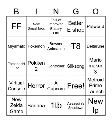 Nintendo Direct Bingo Card