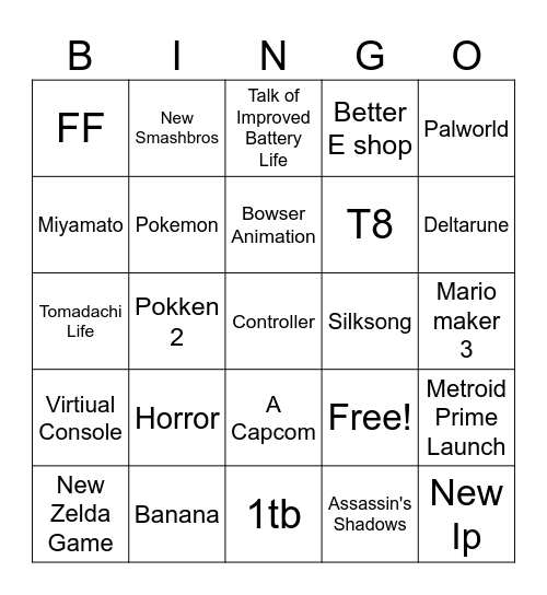 Nintendo Direct Bingo Card