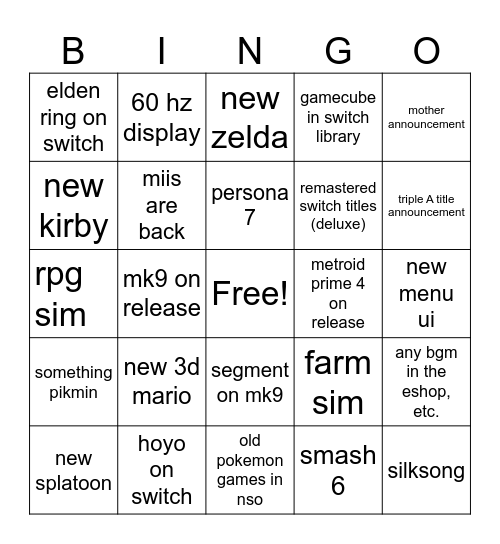 Switch 2 Direct Bingo Card