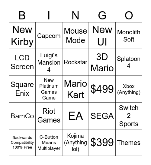 Switch 2 Bingo Board Bingo Card