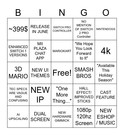 NINTENDO DIRECT SWITCH 2 Bingo Card