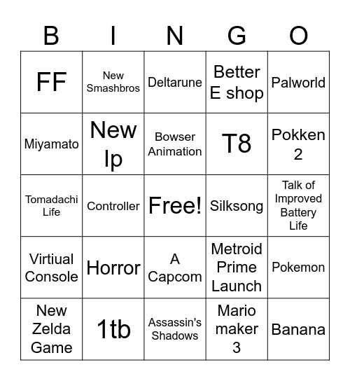 Nintendo Direct Bingo Card