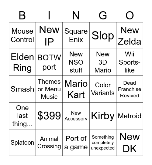 Nintendo Switch 2 Bingo Card