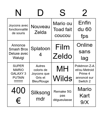 Nintendo Direct Switch 2 Bingo Card