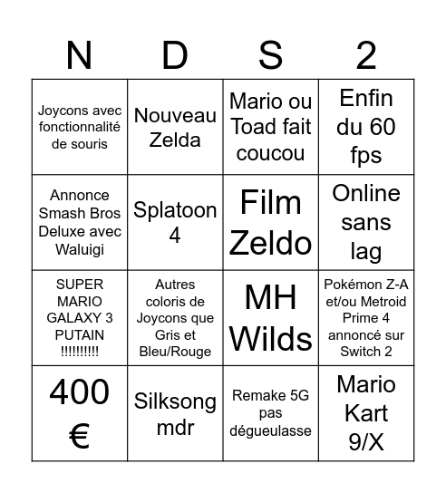 Nintendo Direct Switch 2 Bingo Card