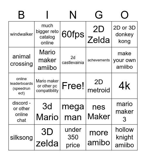 Switch 2 Nintendo Direct Bingo Card
