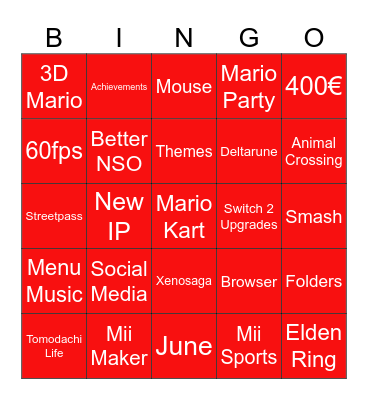 NINTENDO SWITCH 2 Bingo Card