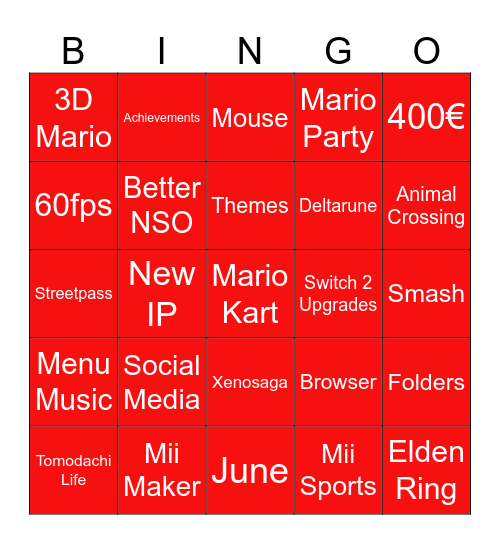 NINTENDO SWITCH 2 Bingo Card