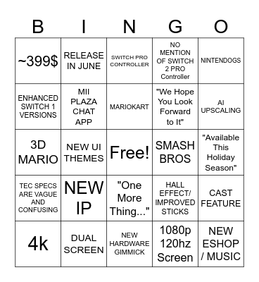 NINTENDO DIRECT SWITCH 2 Bingo Card
