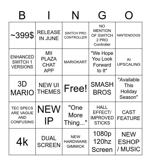 NINTENDO DIRECT SWITCH 2 Bingo Card
