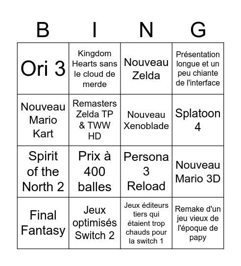 Nintendo Direct Switch 2 Bingo Card
