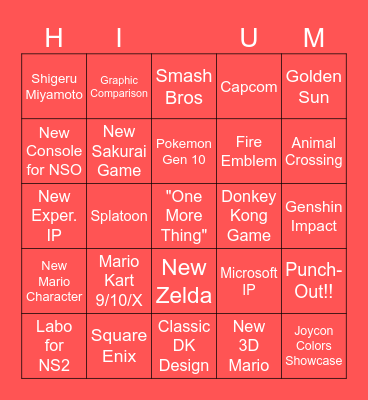Nintendo Direct Bingo Card