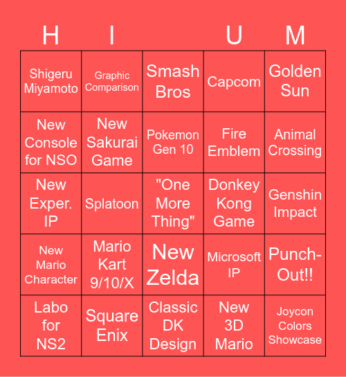 Nintendo Direct Bingo Card