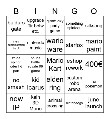 Nintendo direct Bingo Card