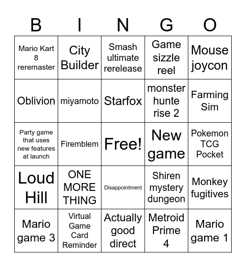 Switch 2 direct Bingo Card