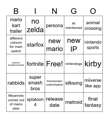 Nintendo switch 2 Bingo Card