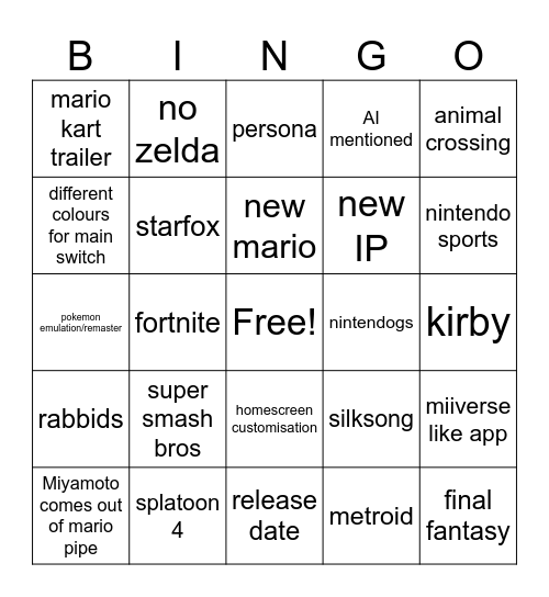 Nintendo switch 2 Bingo Card