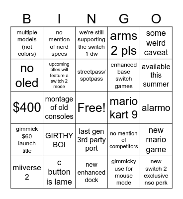 ninto 2 Bingo Card