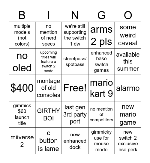 ninto 2 Bingo Card