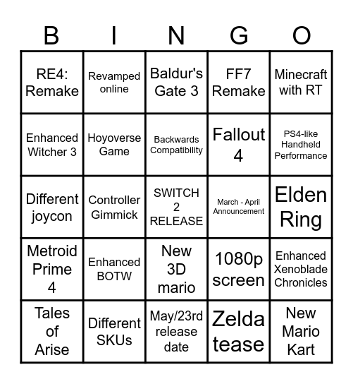 2024 Switch 2 Bingo Card Bingo Card