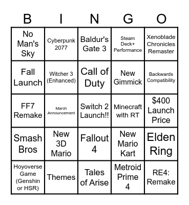 Switch 2 Bingo Card