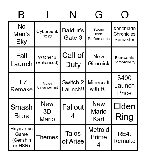 Switch 2 Bingo Card