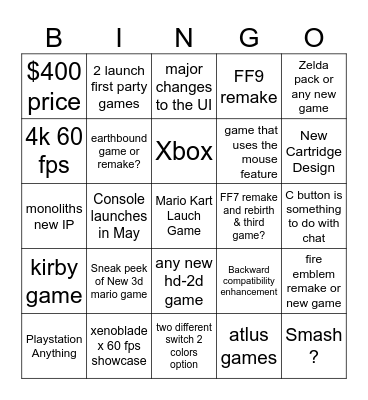 Switch 2 Bingo Card
