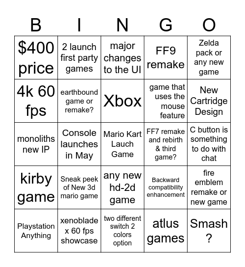 Switch 2 Bingo Card