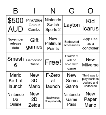 Nintendo Switch 2 Direct Bingo Card