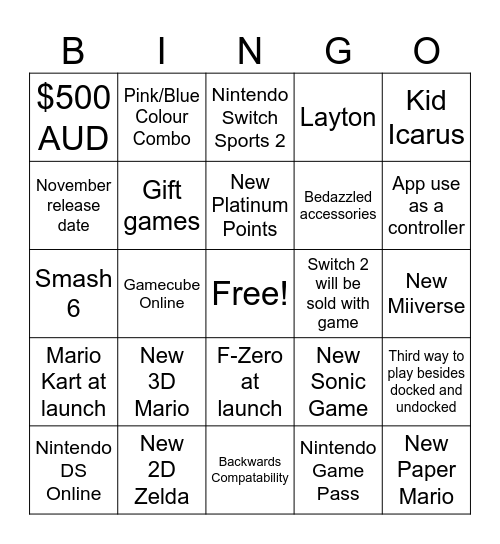 Nintendo Switch 2 Direct Bingo Card