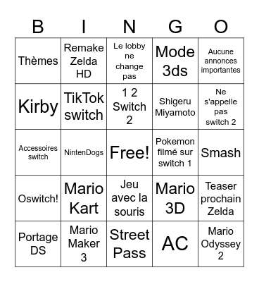nintendo direct Bingo Card