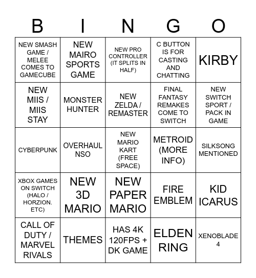 switch 2 bingo Card