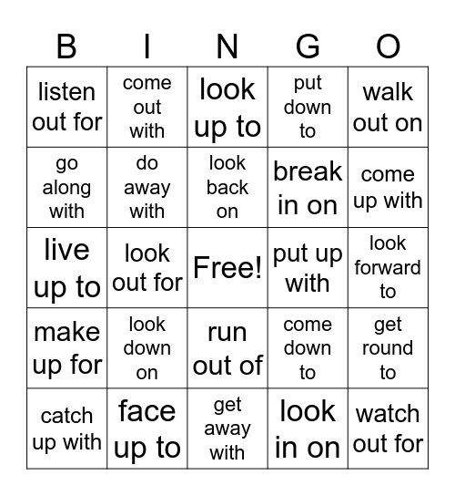 Phrasal Prepositional Verbs Bingo Card