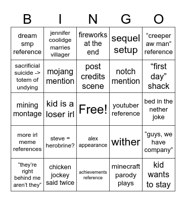 minecraft movie!! Bingo Card