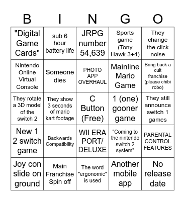 Switch 2 Direct Bingo Card