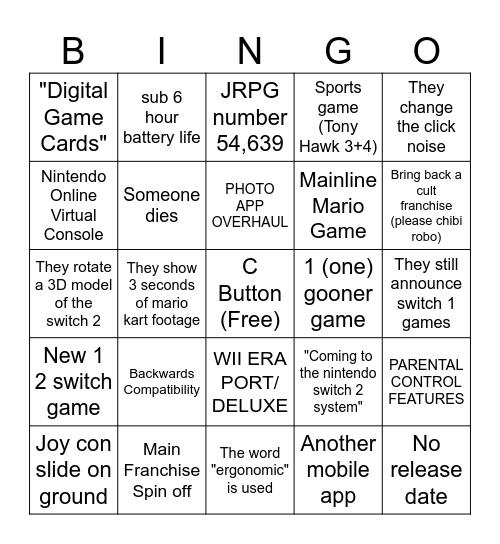Switch 2 Direct Bingo Card