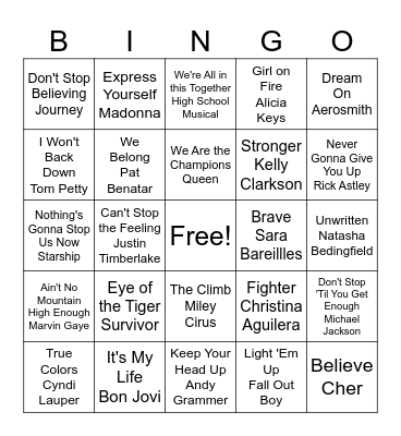 Music Bingo Card - 1 Bingo Card