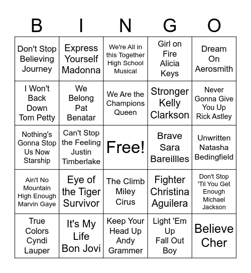 Music Bingo Card - 1 Bingo Card
