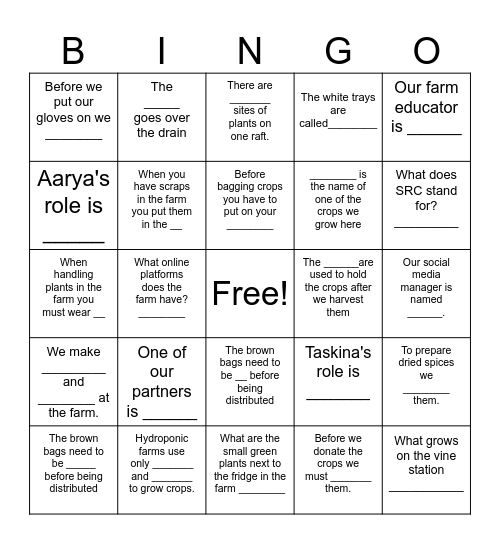 Scholars' Academy Farm Tour Bingo Card