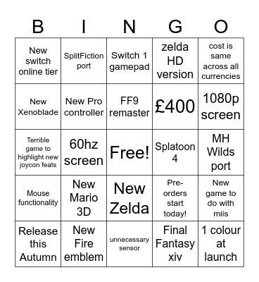 Switch 2 release Bingo Card