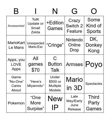 Nintendo Switch 2 Bingo Card