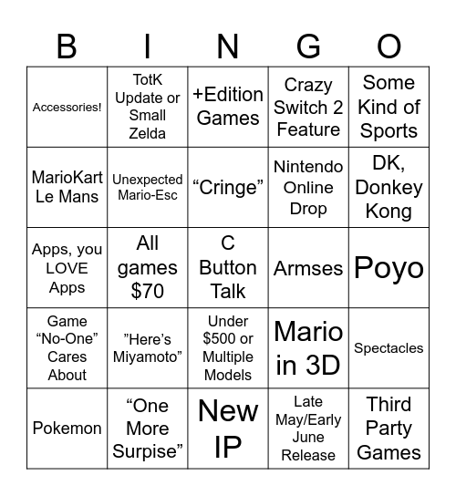Nintendo Switch 2 Bingo Card
