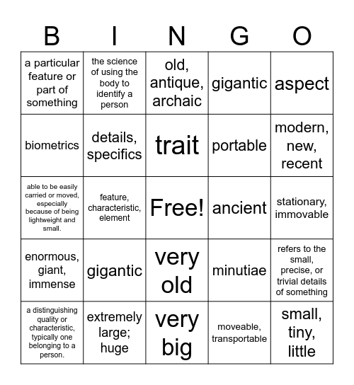 "Biometrics and Fingerprints" Vocabulary Bingo Card