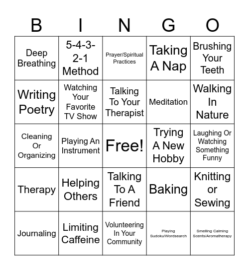 Coping Skill Bingo Card