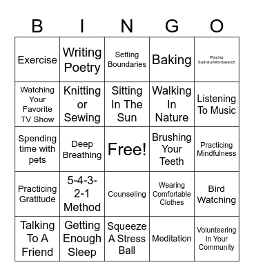 Coping Skill Bingo Card