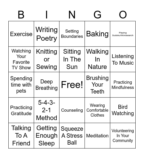 Coping Skill Bingo Card