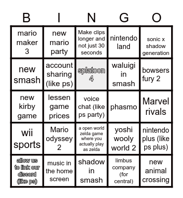 Nintendo switch 2 direct Bingo Card