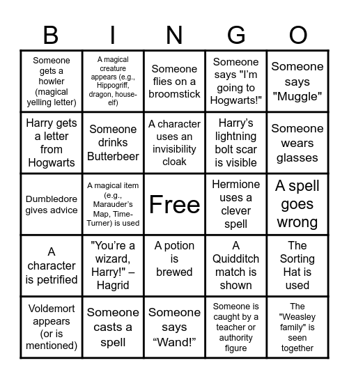 Harry Potter Movies Bingo Card