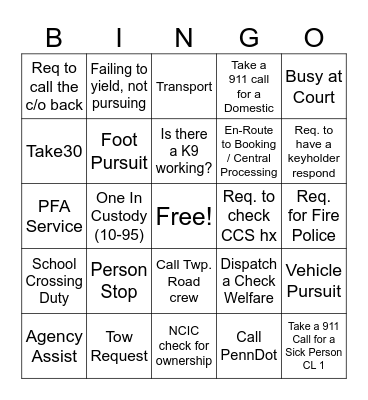 Police Dispatch Bingo Card