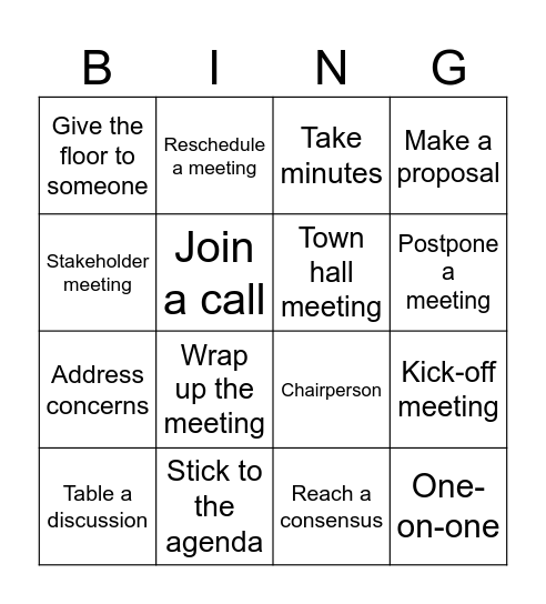 work meeting vocabulary Bingo Card